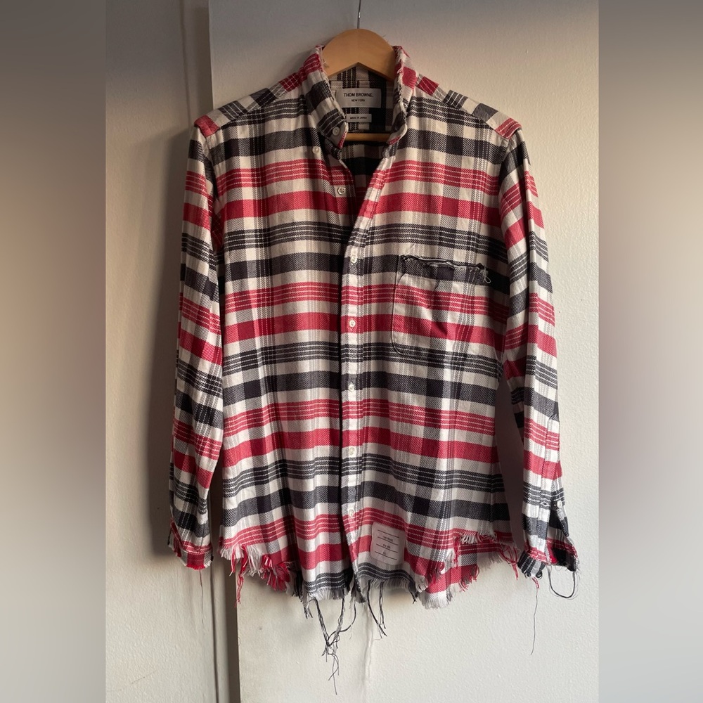 Thom Browne. Plaid Shirt. Red White Blue. Cotton. S.